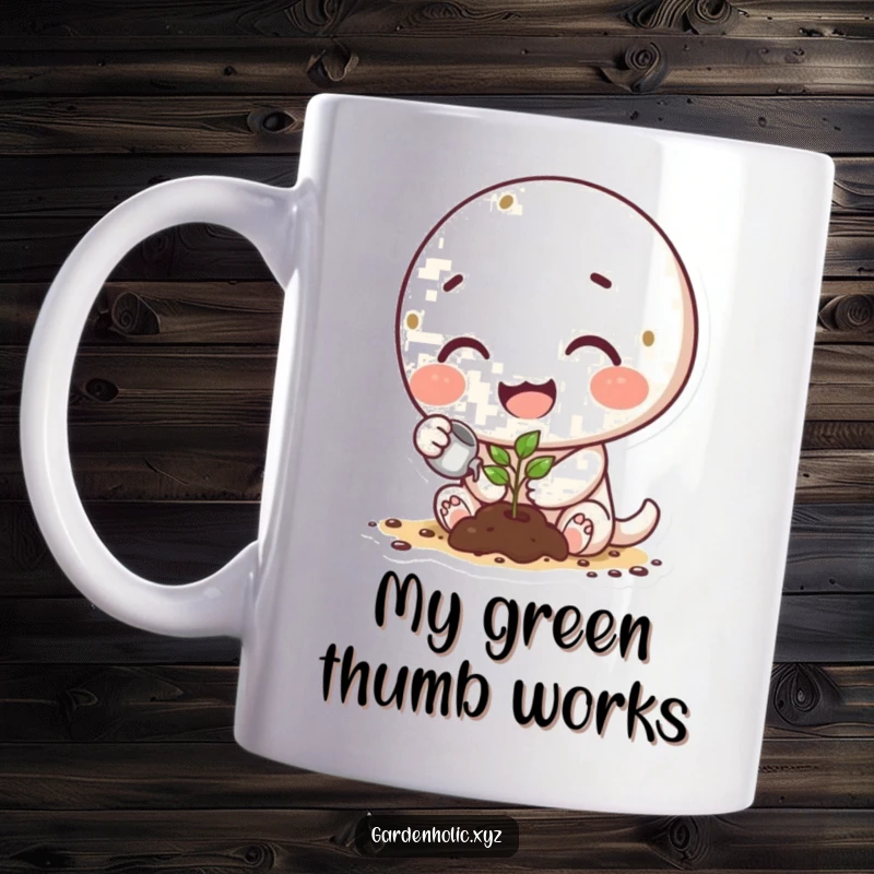 Funny mug featuring a happy character with dirt smudges watering a tiny sprout, celebrating growth and nature.