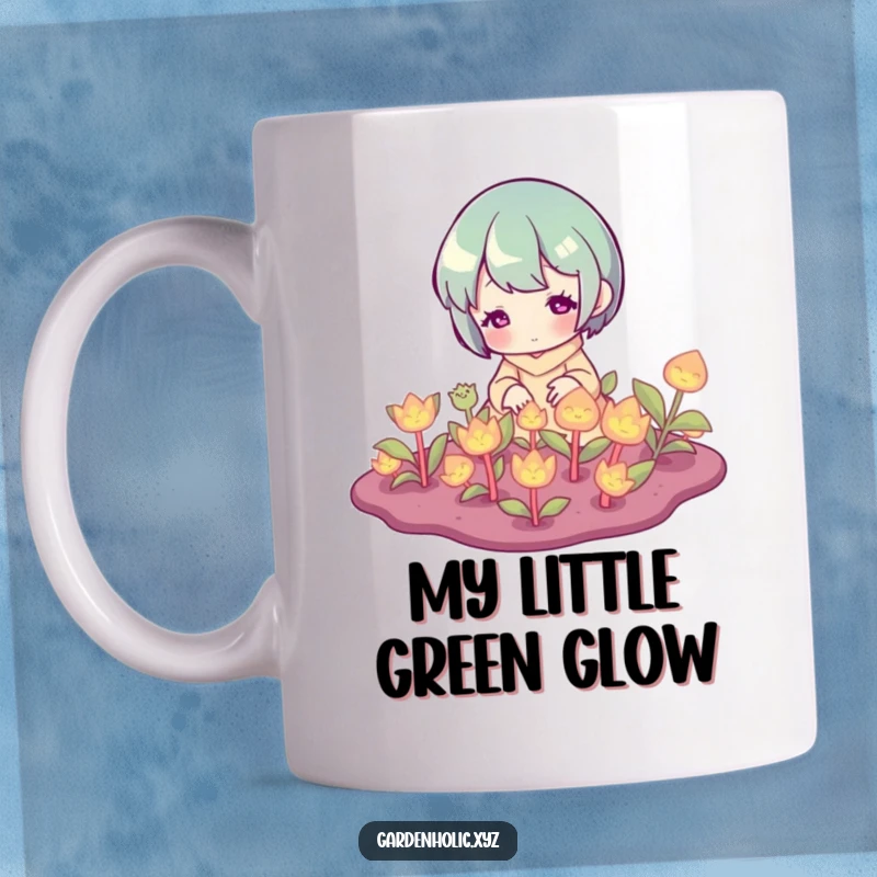 Funny Mug: Character happily watering a patch of vibrant, glowing plants with a serene expression, conveying care.