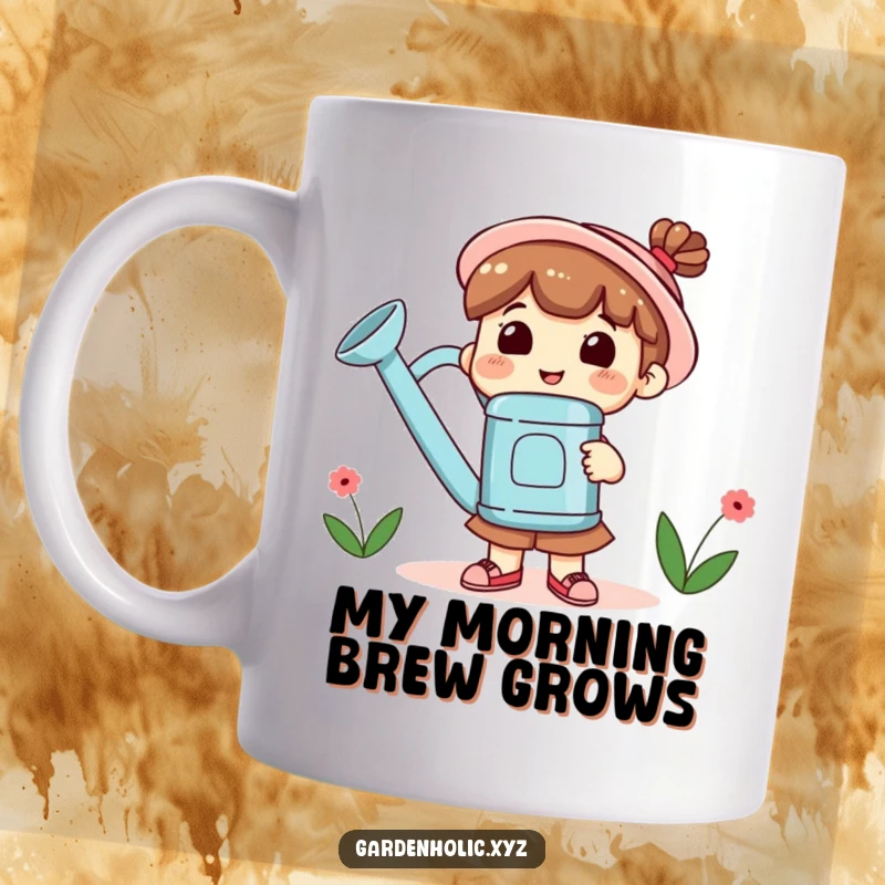 Funny Mug with a cute, smiling character holding an oversized watering can, embodying generosity and growth.