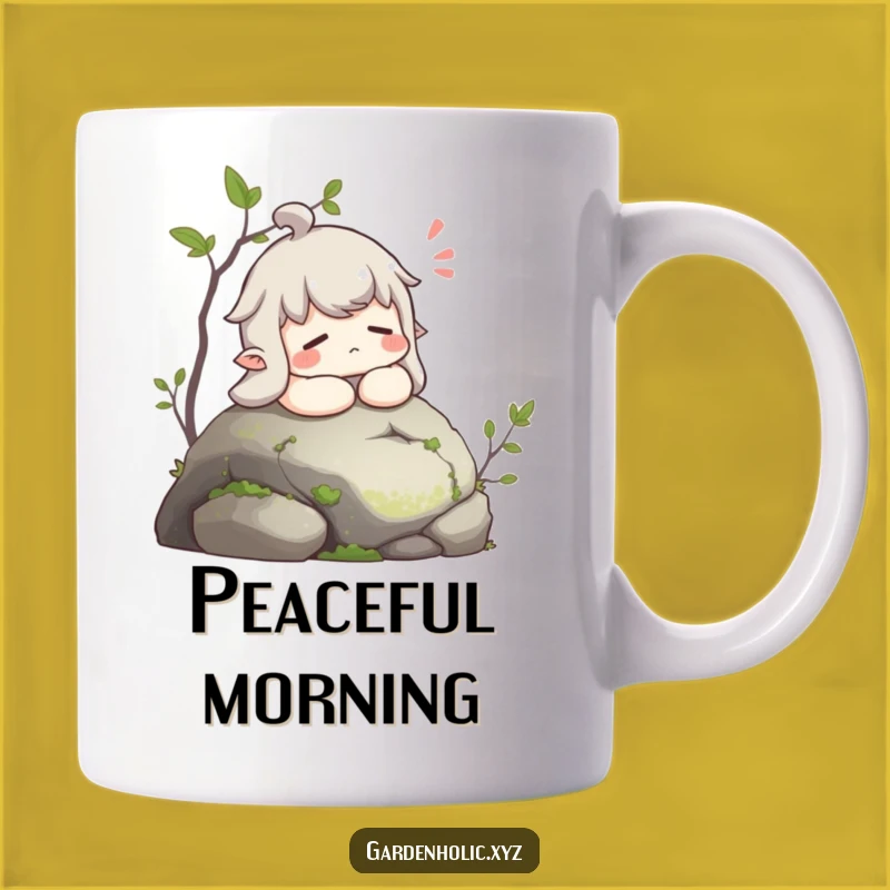 Funny Contented Sigh Mug: Relaxing Character on Mossy Stone
