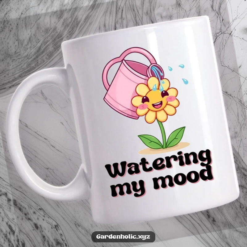 Funny Mug: A cute watering can showers a smiling flower with droplets, creating a scene of gentle nurturing.