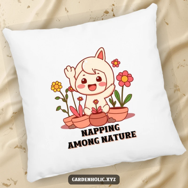 Funny pillow with a character waving happily, surrounded by cheerful plants, soft and inviting for any plant enthusiast.