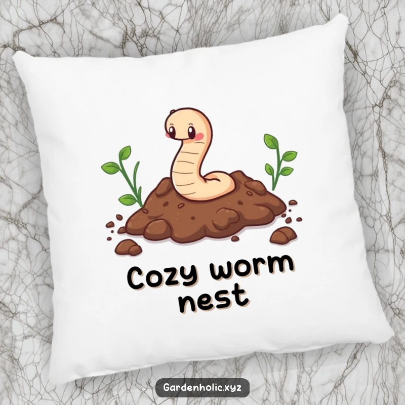 Funny decorative pillow with a cute worm character happily wiggling through soil, offering comfort and earthy humor.