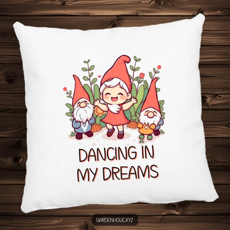 Funny joyful character doing a jig among garden gnomes, depicted on a plush pillow, offering comfort and whimsical amusement, a cozy funny gift.