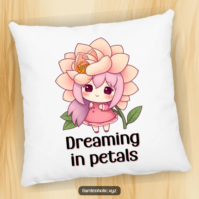 Funny pillow featuring a cheerful character admiring a large, blooming flower, combining comfort with a humorous and floral vibe.