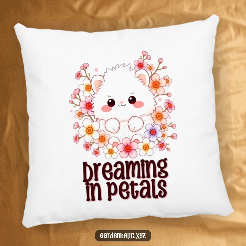 Funny pillow with a fluffy creature surrounded by colorful blossoms, offering comfort and a whimsical, floral theme.