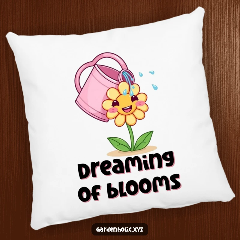 Funny Pillow: A cute watering can showers a smiling flower, a soft and humorous pillow for plant lovers.
