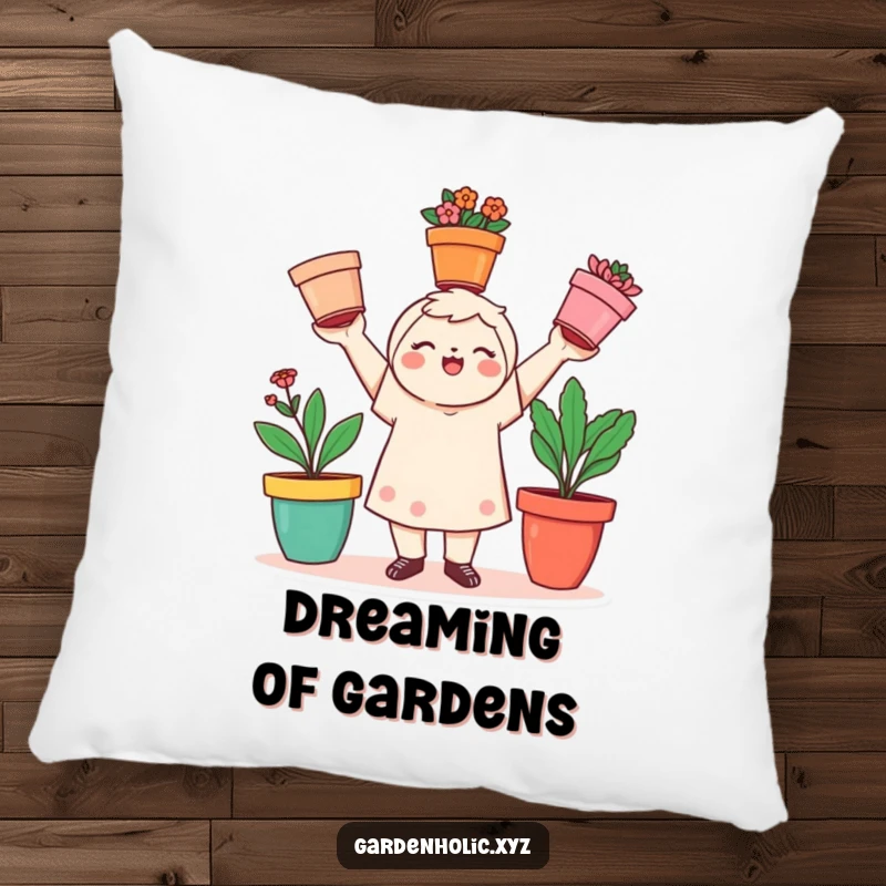 Funny gardener pillow showing a playful character juggling three colorful flower pots, a delightful funny gift.