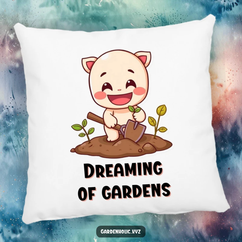 Funny pillow featuring a cheerful character with a wide grin planting a seed with a small shovel.