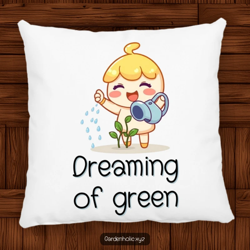 Funny gardener pillow showing a joyful character happily watering a tiny sprout, a delightful funny gift.