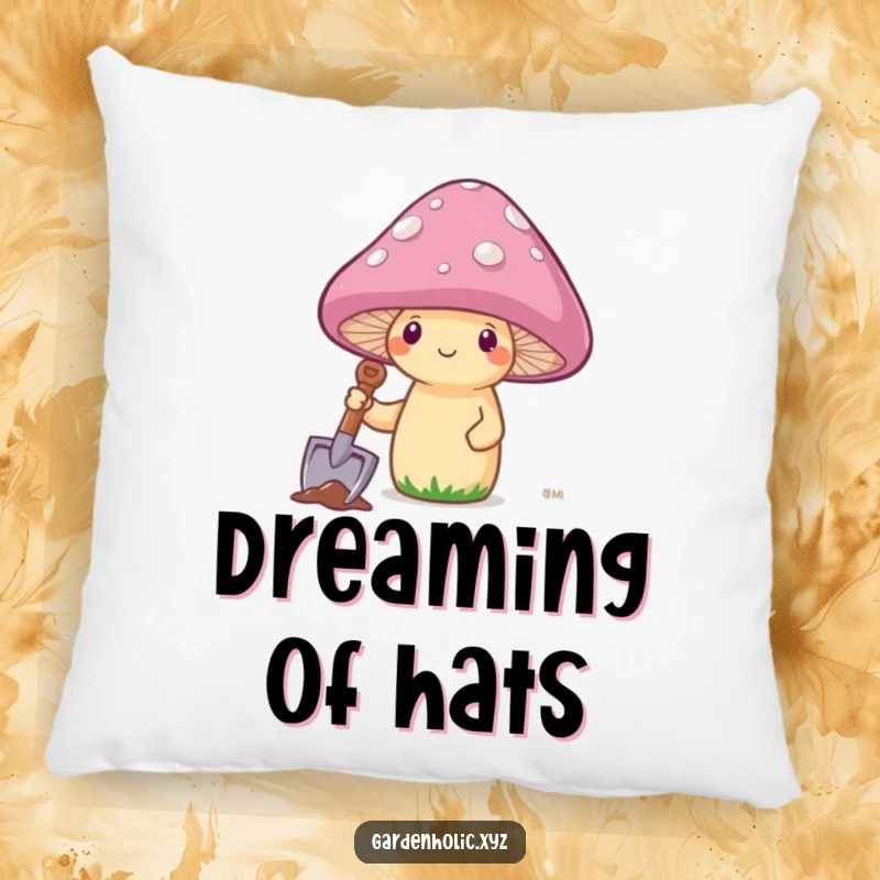 Funny mushroom planting its cap on a pillow, providing soft, humorous decor for any room.