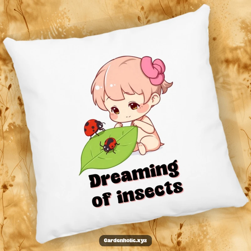 Funny curious character examining a ladybug on a leaf, depicted on a plush pillow, offering comfort and quiet contemplation, a cozy funny gift.