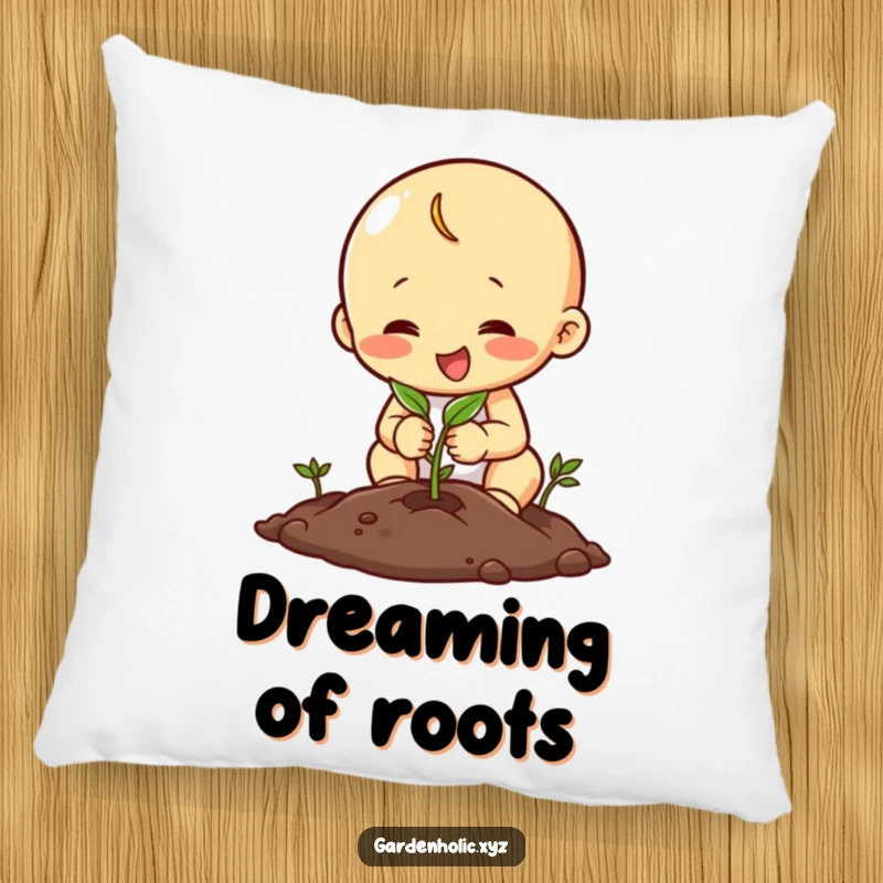 Funny pillow with a happy character planting a seed with focus, perfect for adding a soft, comforting, and humorous theme.