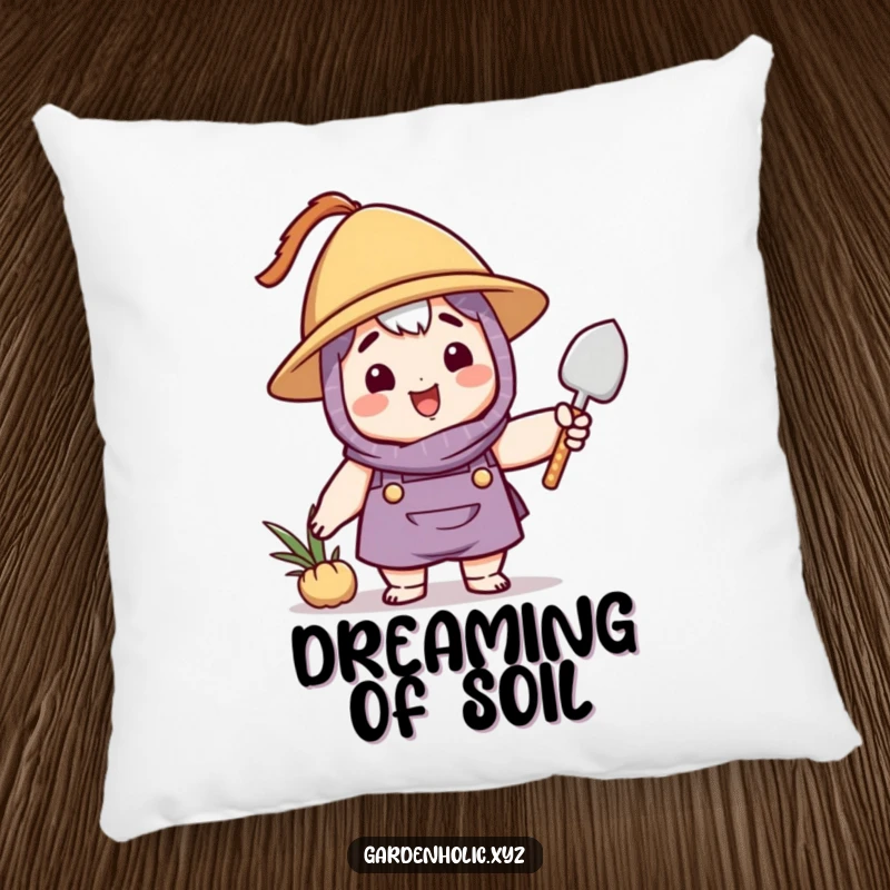 Funny gardener pillow with a cute character in a hat, cheerfully waving a small trowel, bringing comfort and humor to any room.