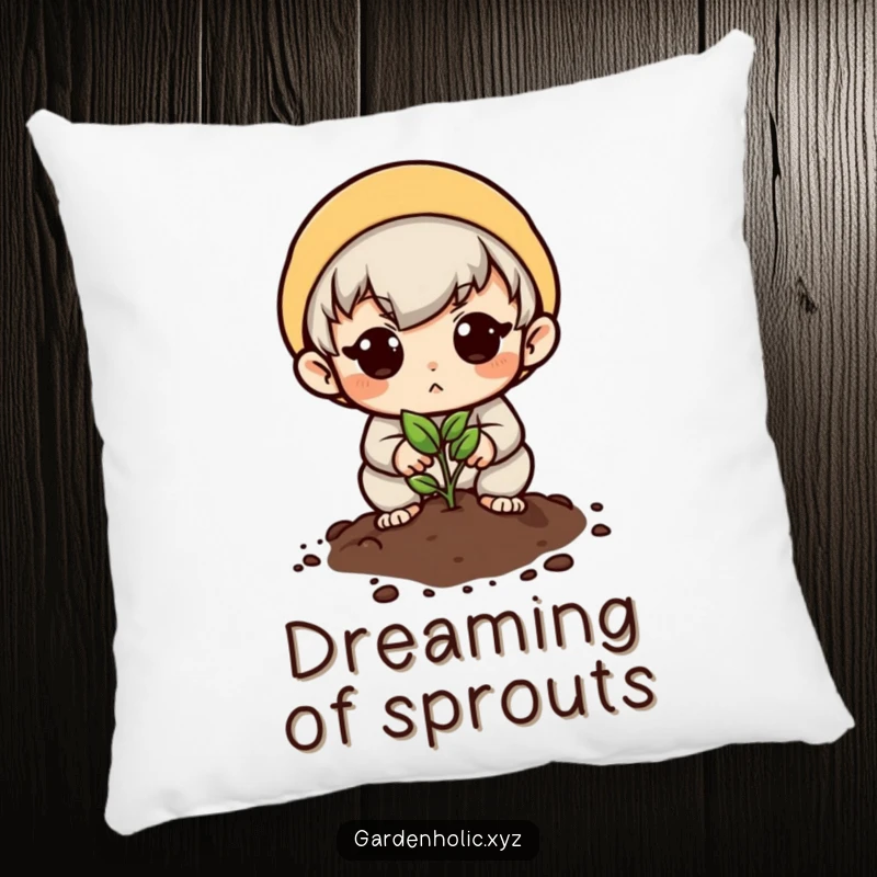 Funny pillow featuring a determined character planting a tiny seed with hope, offering cozy and humorous garden vibes.