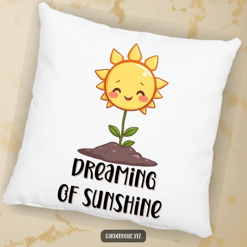 Funny pillow with a smiling sun character shining warm light on a small plant, providing cozy, humorous comfort.