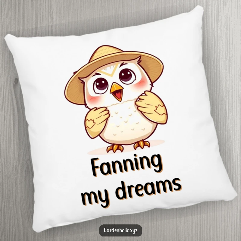 Funny owl pillow, a relaxed character in a straw hat fanning itself, perfect for adding a touch of humor and comfort to any room.
