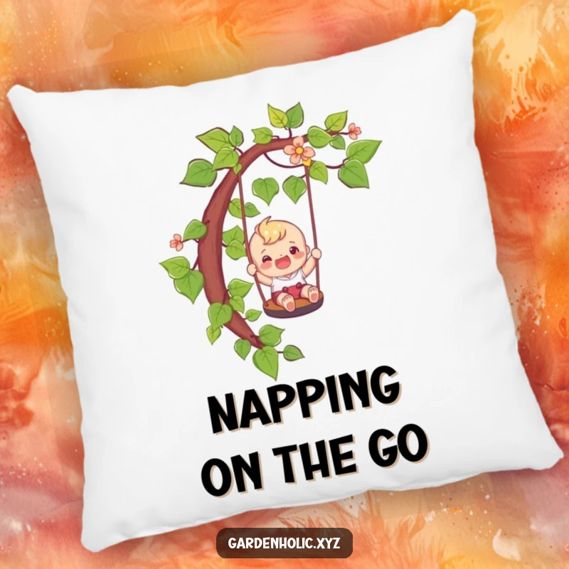 Funny adventure pillow showing a happy character sliding down a vine like a playful swing, a delightful funny gift.