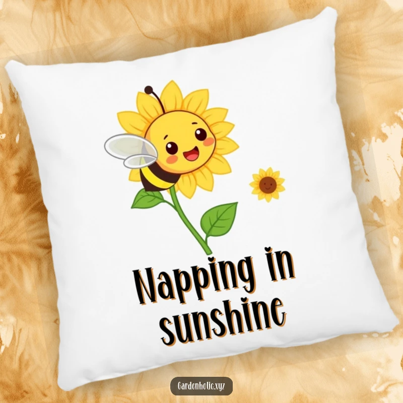 Funny bee flying towards a smiling sunflower on a plush pillow. Adorable home decor.