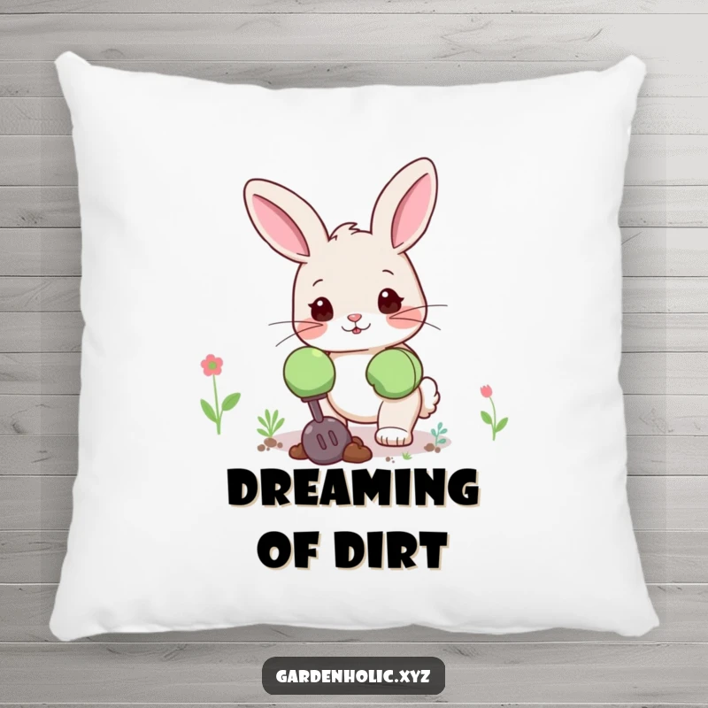 Funny bunny pillow featuring a cute bunny in oversized gardening gloves, digging happily, offering cozy garden fun and a fun gift.