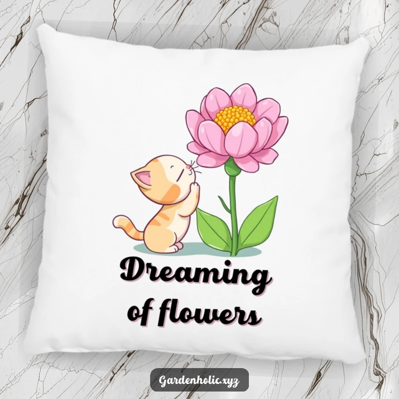 Funny cat pillow featuring a curious cat sniffing a giant blooming flower with wonder, bringing cozy and whimsical vibes.
