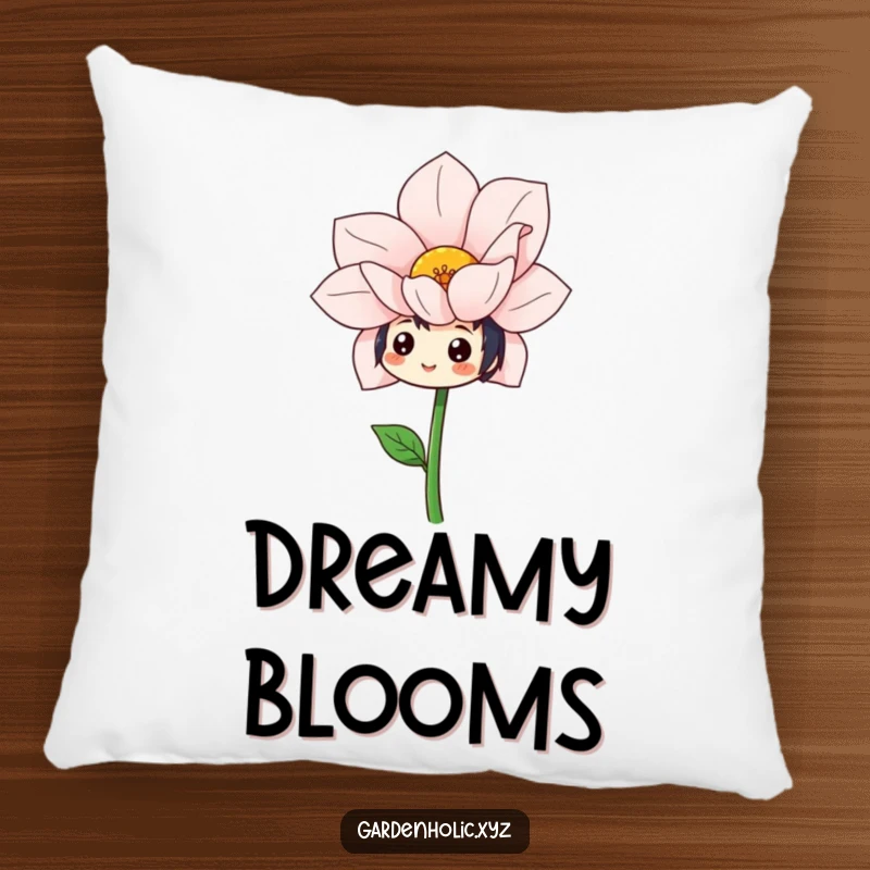 Funny pillow featuring a character with a cheerful expression admiring a stunning, oversized, freshly bloomed flower.