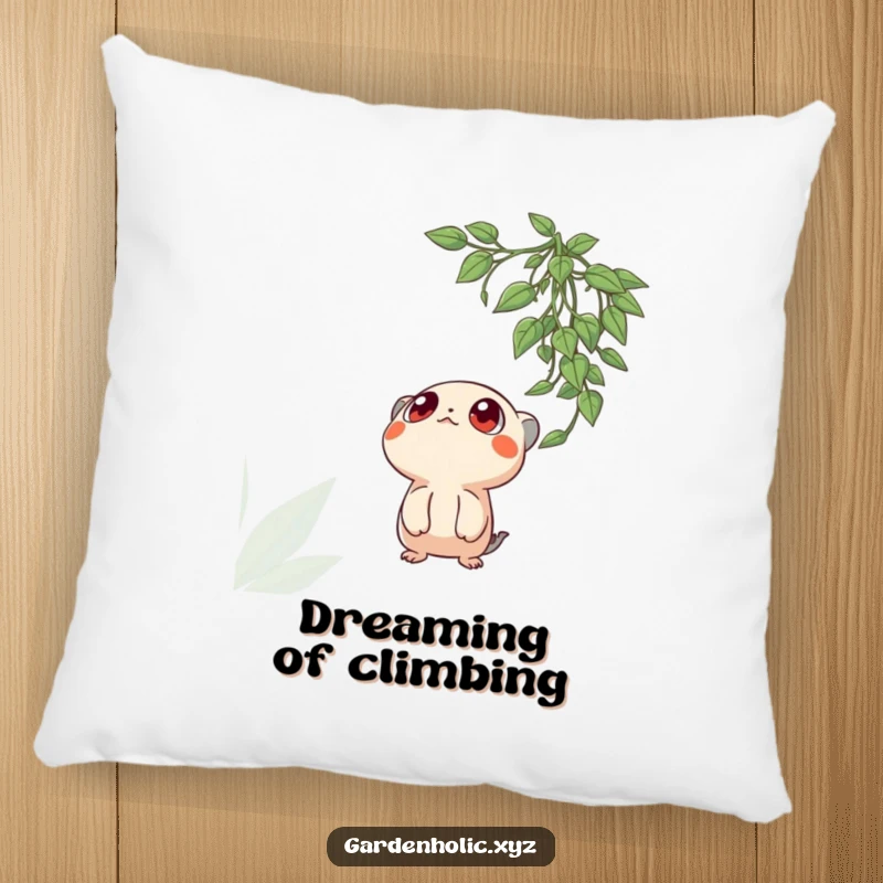 Funny pillow with a creature's wide, curious eyes admiring a hanging plant, perfect for adding a soft, whimsical accent.