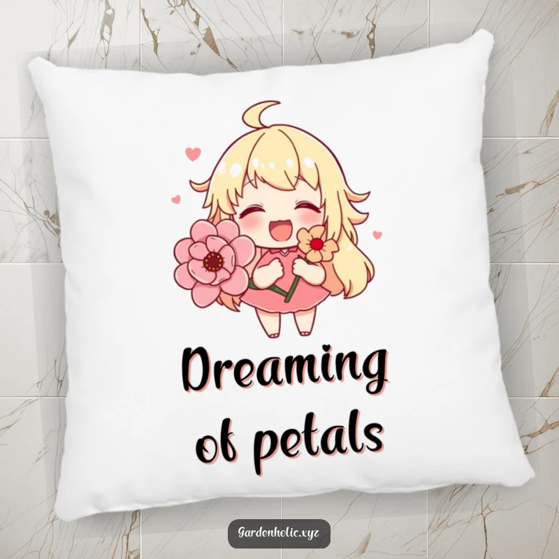 Funny pillow showcasing a cute character's pure delight holding a beautiful blooming flower, perfect for adding a soft, cheerful accent.