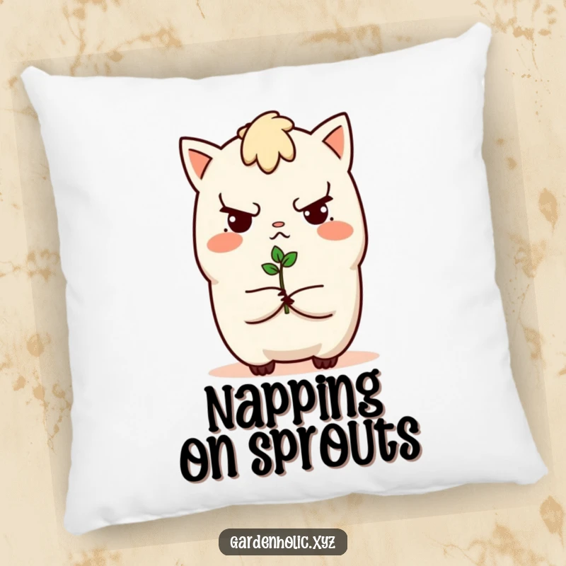 Funny pillow featuring a determined character offering a tiny sprout, adding a touch of whimsy and comfort to any room, a great funny gift.
