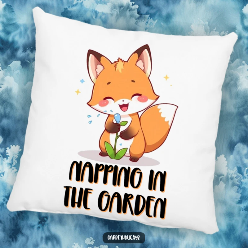 Funny fox pillow featuring a joyful fox showering a small plant with sparkling water, offering cozy nature fun and a fun gift.