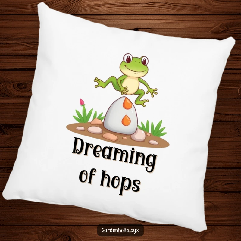 Funny Pillow: A cute frog character humorously leaping over a small garden gnome, offering both comfort and comedic relief.