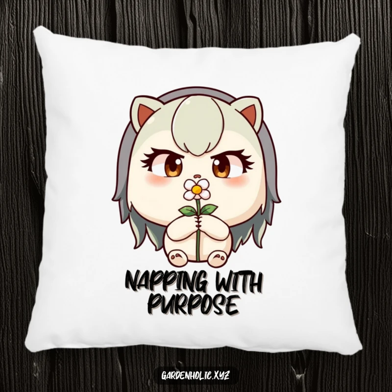 Funny pillow featuring a determined character with focused eyes pruning a tiny flower with precision.