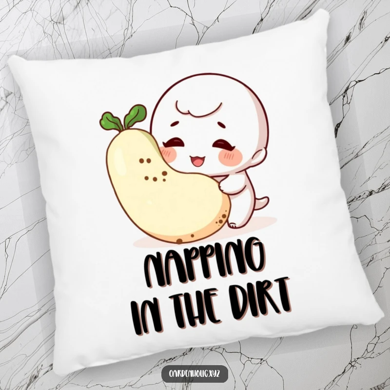 Funny Gardener Pillow: A plush pillow featuring a giggling character admiring a vegetable, offering comedic comfort and garden charm.