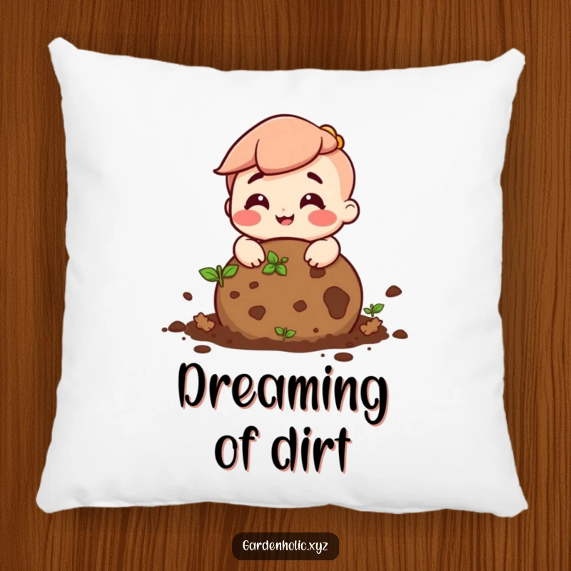 Funny decorative pillow featuring a character with a cheerful grin rolling a ball of soil, perfect for relaxation.