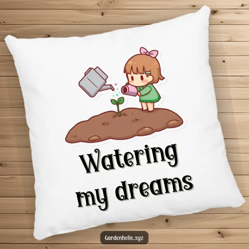 Funny pillow with a small character watering a tiny sprout, perfect for adding a soft, comforting, and humorous garden touch.