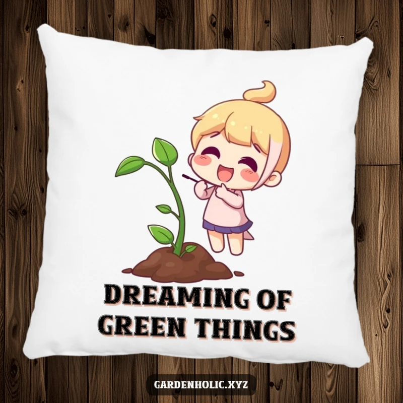 Funny Pillow: A character joyfully points at a small sprout, adding a touch of nature's wonder to your decor.
