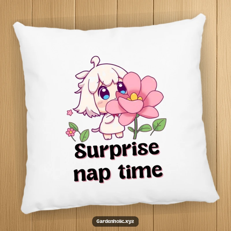 Funny pillow featuring a surprised character watching a flower rapidly bloom, adding comfort and whimsy to any room, a delightful funny gift.