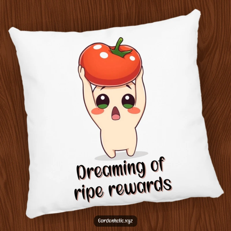 Funny surprised character holding a ripe tomato overhead, depicted on a plush pillow, offering comfort and whimsical amusement, a cozy funny gift.