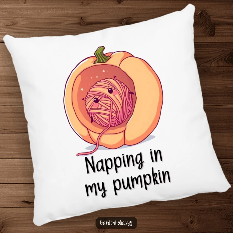 Funny yarn pumpkin pillow with a cheerful, fuzzy ball of yarn rolling downhill inside a giant pumpkin, perfect for cozy fall decor.
