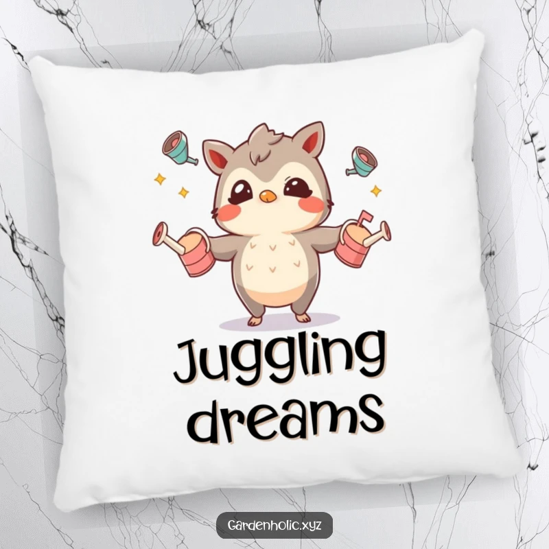 Funny pillow depicting a mischievous character juggling watering cans, adding a touch of lighthearted fun to seating.