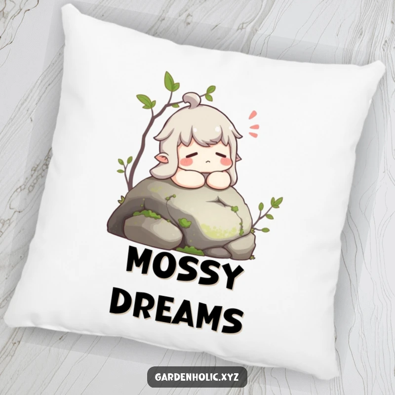 Funny pillow featuring a character sighing with contentment while resting on a soft, mossy stone, bringing calm.