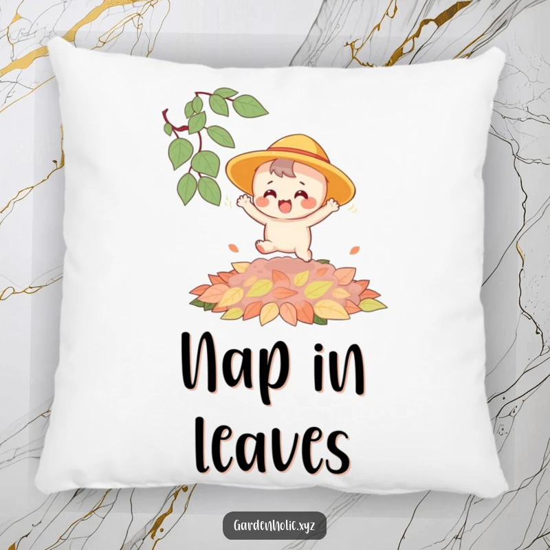 Funny pillow showing a happy character in a sun hat joyfully bouncing on a thick, plush pile of colorful autumn leaves.