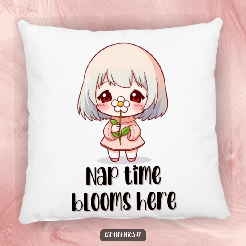 Funny Pillow: A character beaming with pride as they display a tiny, beautiful blooming flower on soft fabric.