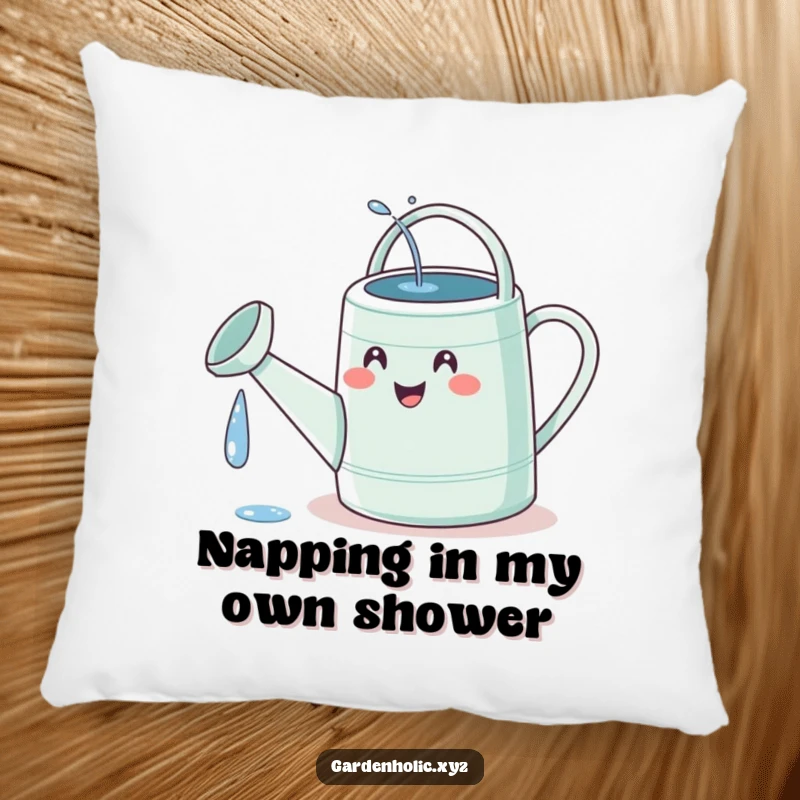 Funny watering can pillow with a tiny, delighted face hilariously watering its own spout, perfect for garden-themed comfort.
