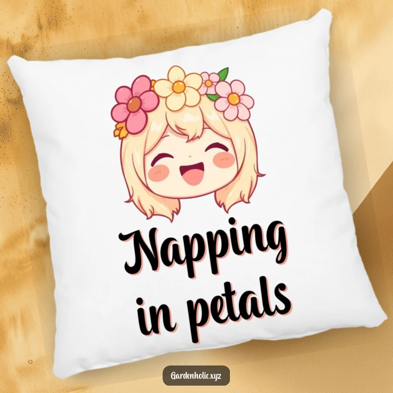 Funny pillow featuring a joyful character wearing a flower crown and beaming with pure, radiant happiness.
