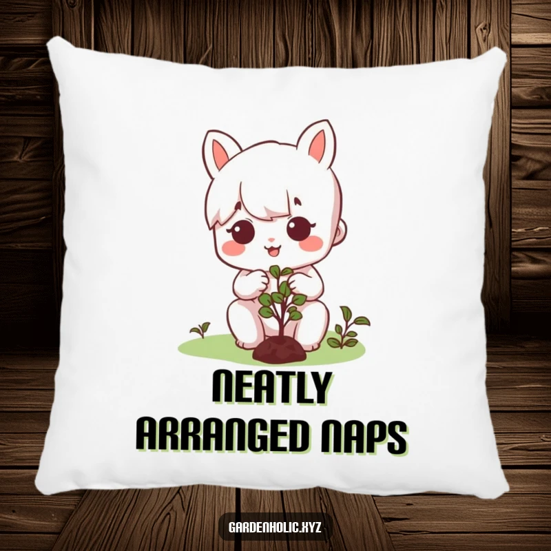 Funny pillow with a content character focused on pruning a miniature bush, soft and inviting for any garden lover.