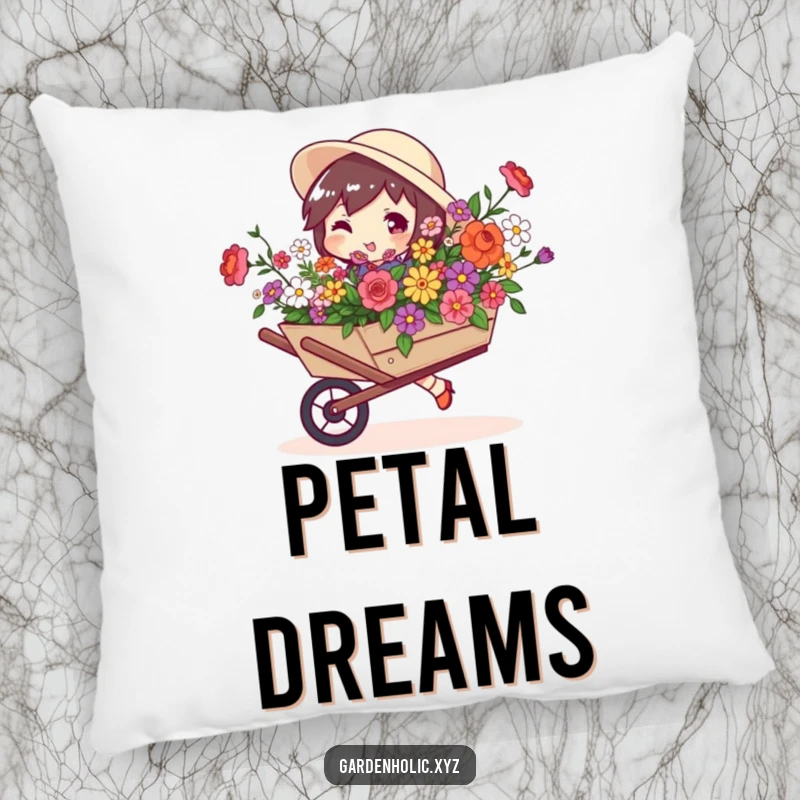 Funny pillow featuring a character with a playful swagger carrying a wheelbarrow full of vibrant blooms, adding cheer.