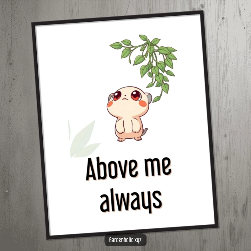 Funny digital art print of a creature with wide, curious eyes looking up at a hanging plant, perfect for printable art.
