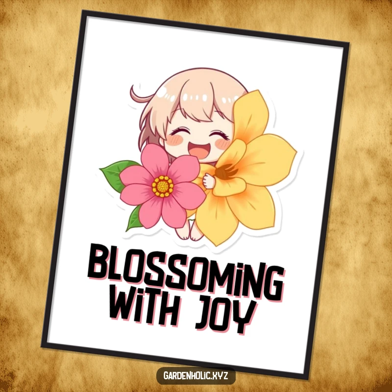 Funny digital art print of a character in hysterics holding a magnificent flower, capturing pure, unadulterated joy.