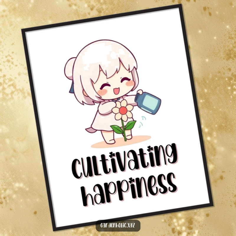 Funny character gleefully watering a small, smiling flower with a can digital art print, offering instant cheer and nature vibes, a great funny gift.